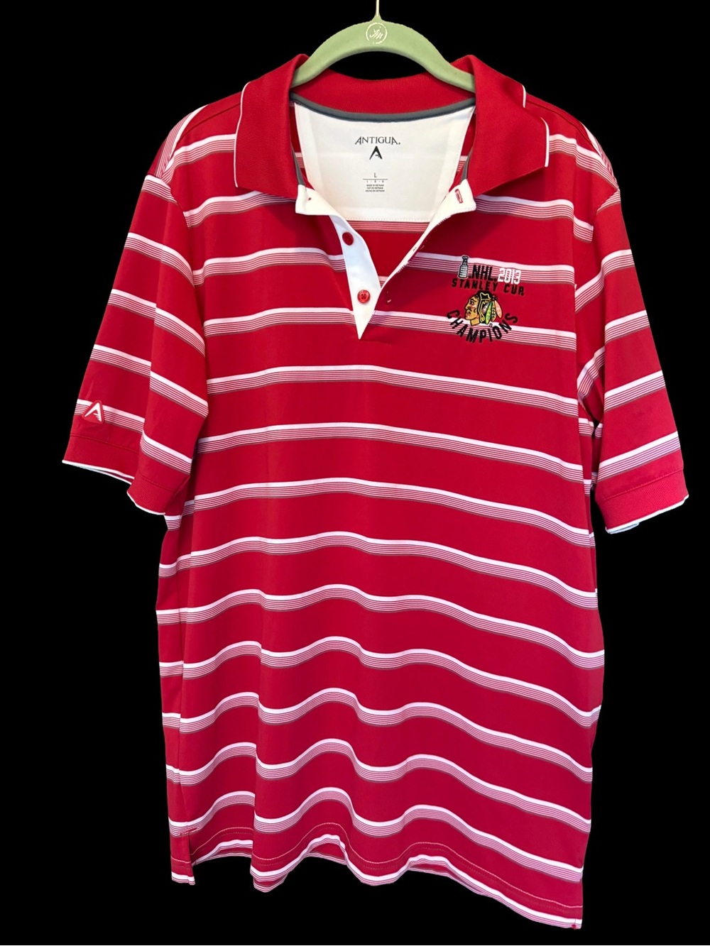 Antigua Red White Striped Polo Shirt with NHL Champions Patch